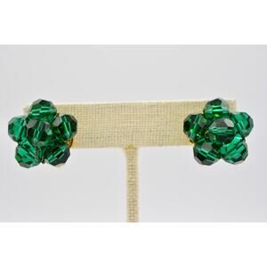 Excel Vintage Crystal Clip On Earrings Green Cluster Gold Sparkling Signed Bin1